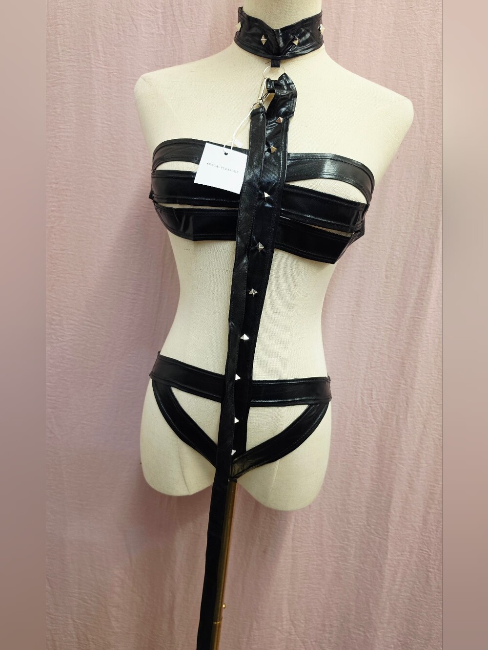 Women's Strappy Stud Choker PU Leather Lingerie Set- Black, Medium